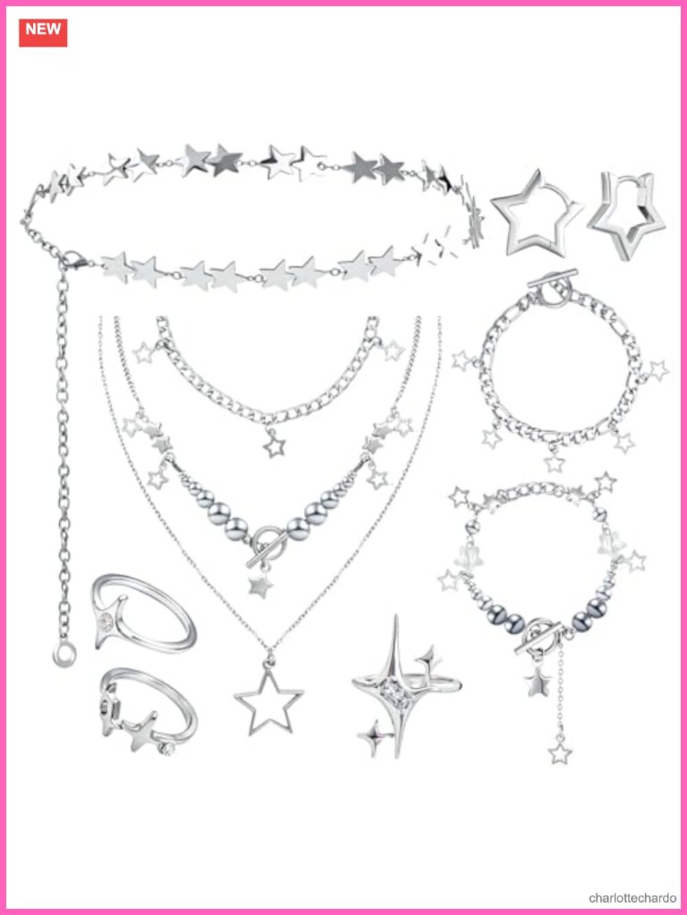 Star Jewelry Set Y2K Star Necklaces Bracelets Earrings Rings Chain Belt Alloy